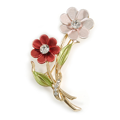 Pink/ Coral/ Olive Two Daisy Floral Brooch - 50mm L - main view