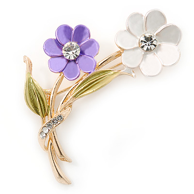 Purple/ White/ Olive Two Daisy Floral Brooch - 50mm L - main view