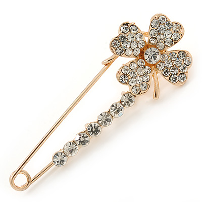 Clear Crystal Clover Safety Pin In Gold Tone - 55mm L - main view