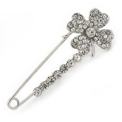 Clear Crystal Clover Safety Pin Brooch In Silver Tone - 55mm L - main view