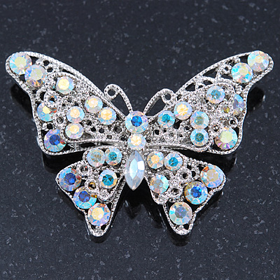 AB Crystal Butterfly Brooch In Silver Tone - 55mm Across - main view