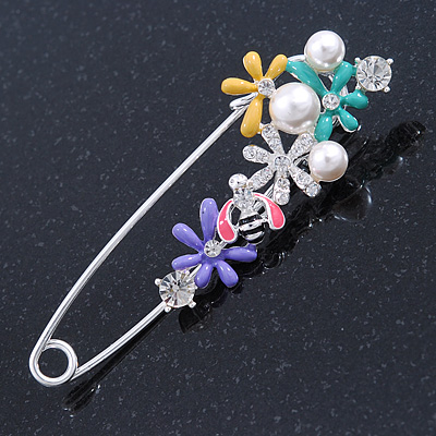 Multicoloured Enamel Flowers, Bee, Simulated Pearls Safety Pin Brooch In Silver Tone - 80mm L - main view