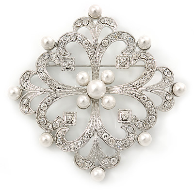 'Old Hollywood' White Simulated Pearl, Clear Crystal Square Brooch In Rhodium Plating - 63mm Across - main view