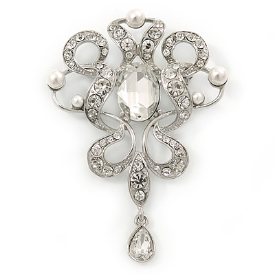 Bridal/ Wedding/ Prom Austrian Crystal, Imitation Pearl Charm Brooch In Rhodium Plating - 75mm L - main view
