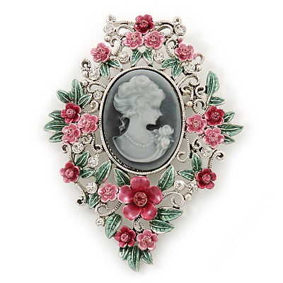 Pink/ Green Floral Cameo Brooch In Silver Tone - 70mm L - main view