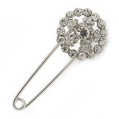 Clear Crystal Flower Safety Pin Brooch In Silver Tone - 55mm L - main view
