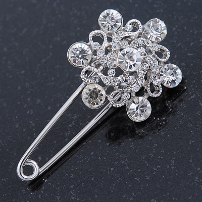 Clear Crystal Flower Safety Pin Brooch In Silver Tone - 55mm L