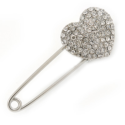 Clear Austrian Crystal Heart Safety Pin Brooch In Rhodium Plating - 55mm L - main view