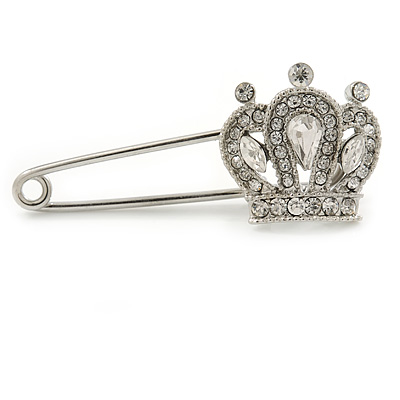 Clear Crystal Crown Safety Pin Brooch In Silver Tone - 55mm L - main view