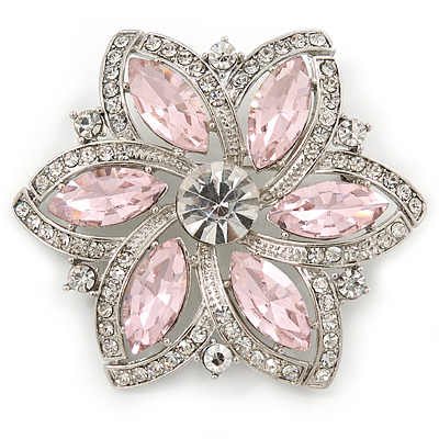 Pink/ Clear Glass Crystal Flower Brooch In Rhodium Plating - 53mm Across - main view