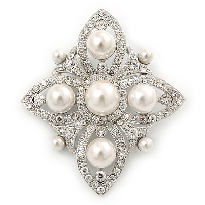 Bridal Austrian Crystal Imitation Pearl Brooch In Rhodium Plating - 63mm L - main view