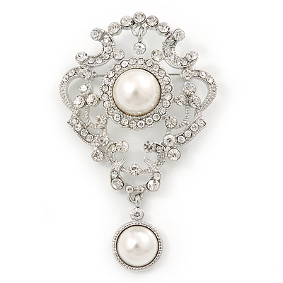 Bridal/ Wedding/ Prom Austrian Crystal, Imitation Pearl Charm Brooch In Rhodium Plating - 80mm L