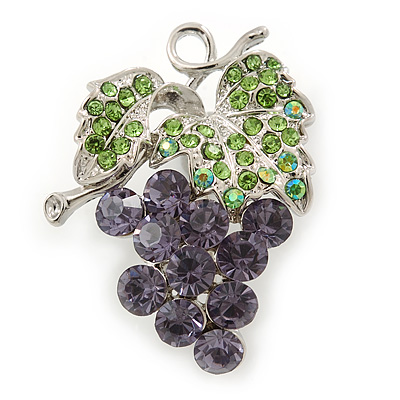 Lavender, Green Crystal Bunch Of Grapes Brooch In Rhodium Plating - 45mm L - main view