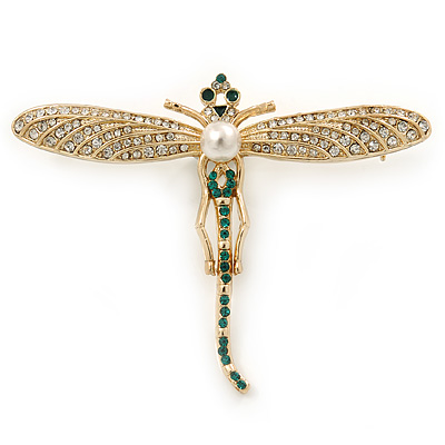 Clear, Green Austrian Crystal, Pearl Dragonfly Brooch In Gold Plating - 70mm Across - main view