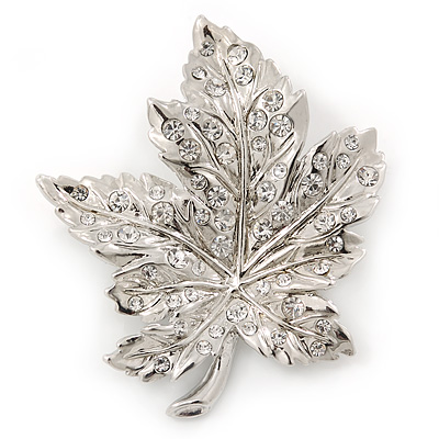 Silver Tone Clear Crystal Maple Leaf Brooch - 50mm L - main view