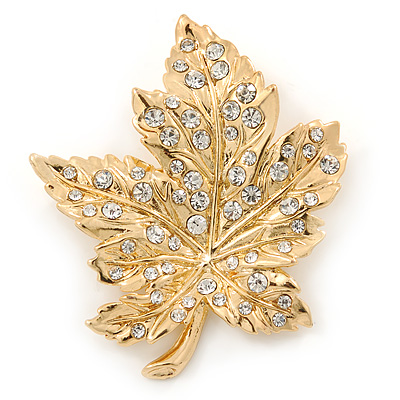 Gold Tone Clear Crystal Maple Leaf Brooch - 50mm L