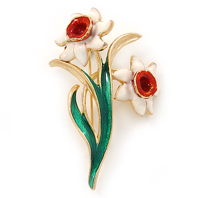 White/ Green/ Orange Daffodil Floral Brooch In Gold Plating - 55mm L