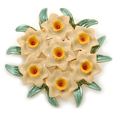 Green/ Nude/ Yellow Enamel Daffodil Wreath Brooch In Gold Plating - 45mm Diameter - main view