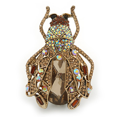 Large Crystal Bug Brooch/ Pendant In Gold Tone (Citrine, Brown, Amber) - 60mm L - main view