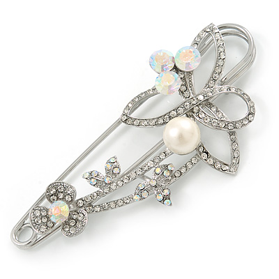 65mm L Avalaya Silver Plated Safety Pin Brooch with Crystal Charms