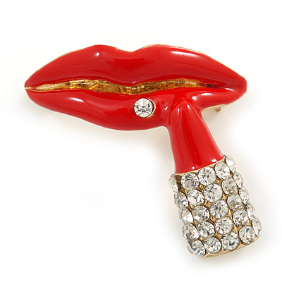 Red Enamel, Clear Crystal Lips and Lipstick Brooch In Gold Plating - 33mm L - main view
