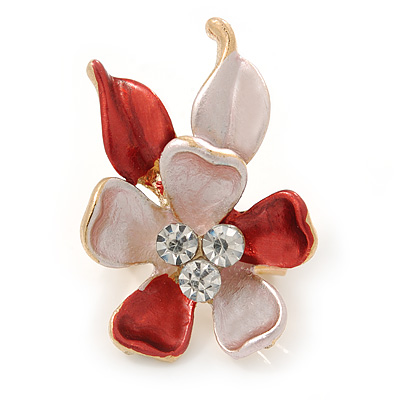 Small Pink/ Coral Enamel, Crystal Flower Brooch In Gold Tone - 30mm - main view
