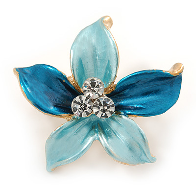 Small Light Blue/ Teal Enamel, Clear Crystal Flower Brooch In Gold Tone - 27mm - main view