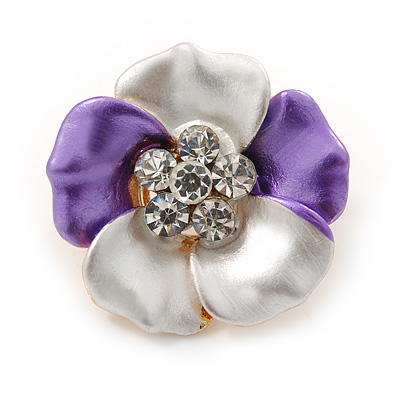 Small Purple Enamel, Crystal Daisy Pin Brooch In Gold Tone - 20mm - main view