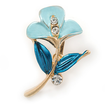 Small Light Blue/ Teal Enamel, Crystal Calla Lily Brooch In Gold Plating - 32mm L - main view