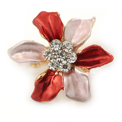 Small Coral/ Pink Enamel, Clear Crystal Flower Brooch In Gold Tone - 27mm - main view