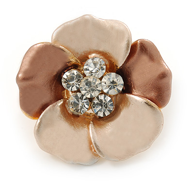Small Bronze/ Magnolia Enamel, Crystal Daisy Pin Brooch In Gold Tone - 20mm - main view