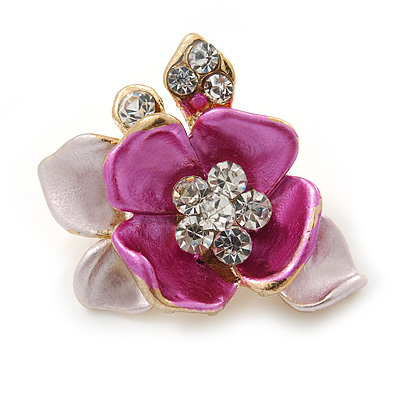 Small Fuchsia/ Pink Crystal Flower Brooch In Gold Tone - 25mm - main view