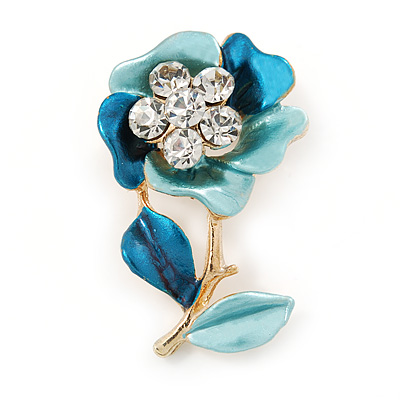 Teal/ Light Blue Enamel, Crystal Flower Brooch In Gold Tone - 30mm - main view