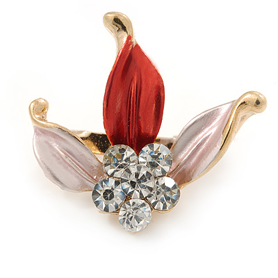 Small Pink/ Coral Enamel, Crystal Leaf Pin Brooch In Gold Tone - 25mm - main view