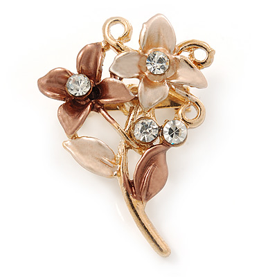 Small Bronze/ Magnolia Double Flower Enamel, Crystal Pin Brooch In Gold Tone - 30mm L - main view