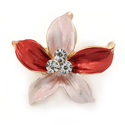 Small Pink/ Coral Enamel, Clear Crystal Flower Brooch In Gold Tone - 27mm - main view