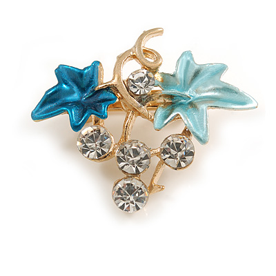 Small Blue Enamel, Crystal Fruit Bunch Of Grapes Vine Brooch In Gold Tone - 25mm - main view