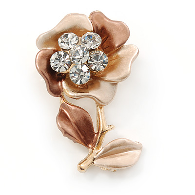 Small Magnolia/ Bronze Enamel Clear Crystal Flower Brooch In Gold Tone 27mm 