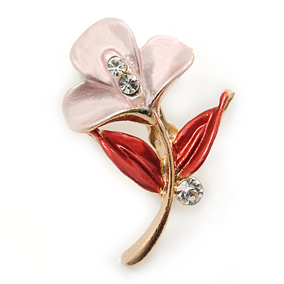 Small Pink/ Coral Enamel, Crystal Calla Lily Brooch In Gold Plating - 32mm L