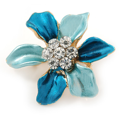 Small Light Blue/ Teal Enamel, Clear Crystal Flower Brooch In Gold Tone - 27mm - main view