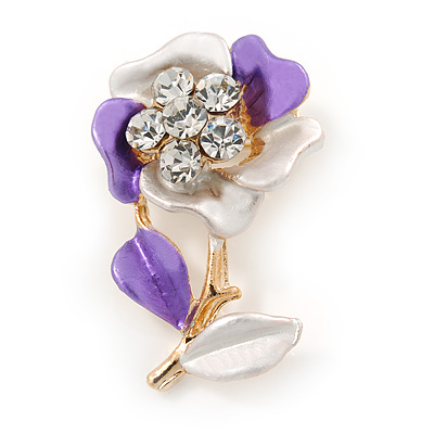 Purple/ Pale Enamel, Crystal Flower Brooch In Gold Tone - 30mm - main view