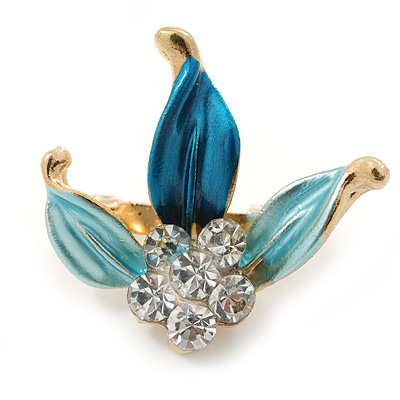Small Blue Enamel, Crystal Leaf Pin Brooch In Gold Tone - 25mm - main view