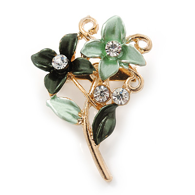 Small Mint/ Dark Green Double Flower Enamel, Crystal Pin Brooch In Gold Tone - 30mm L - main view