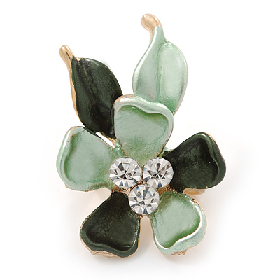 Small Mint/ Dark Green Enamel, Crystal Flower Brooch In Gold Tone - 30mm - main view