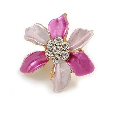 Small Fuchsia/ Pink Enamel, Clear Crystal Flower Brooch In Gold Tone - 27mm - main view