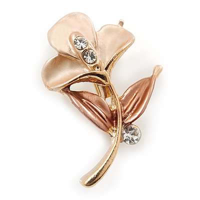 Small Magnolia/ Bronze Enamel, Crystal Calla Lily Brooch In Gold Plating - 32mm L - main view
