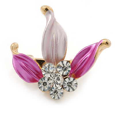 Small Fuchsia/ Pink Enamel, Crystal Leaf Pin Brooch In Gold Tone - 25mm - main view