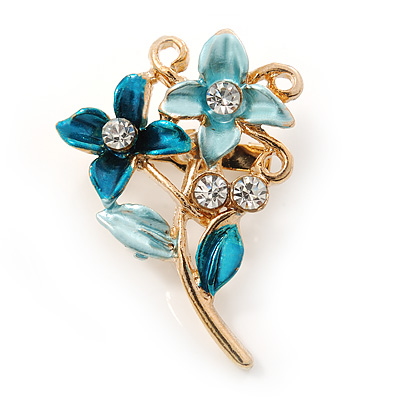 Blue Double Flower Enamel, Crystal Pin Brooch In Gold Tone - 30mm L - main view