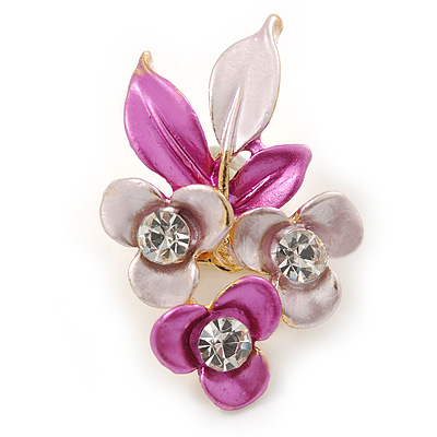 Pink/ Fuchsia Triple Flower Crystal Floral Brooch In Gold Tone Metal - 30mm L - main view