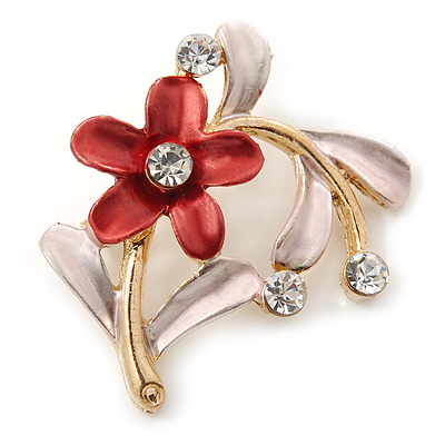 Coral/ Pink Daisy Crystal Floral Brooch - 35mm L - main view